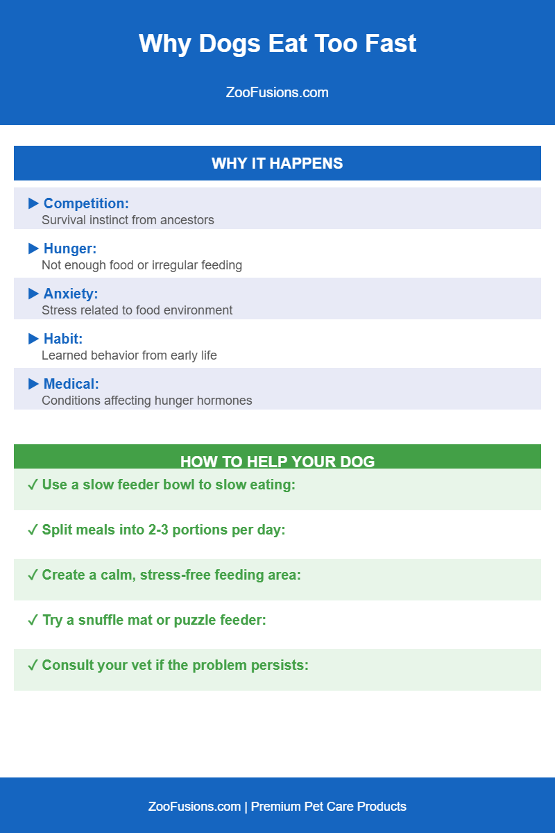Infographic explaining why dogs eat fast showing causes like competition, hunger, anxiety, habit and medical conditions, plus solutions like slow feeder bowls